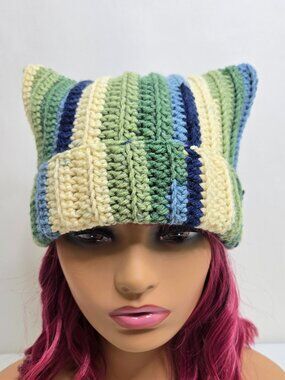 Handmade Crochet Cat Ear Beanie, Striped Acrylic Kitty Hat